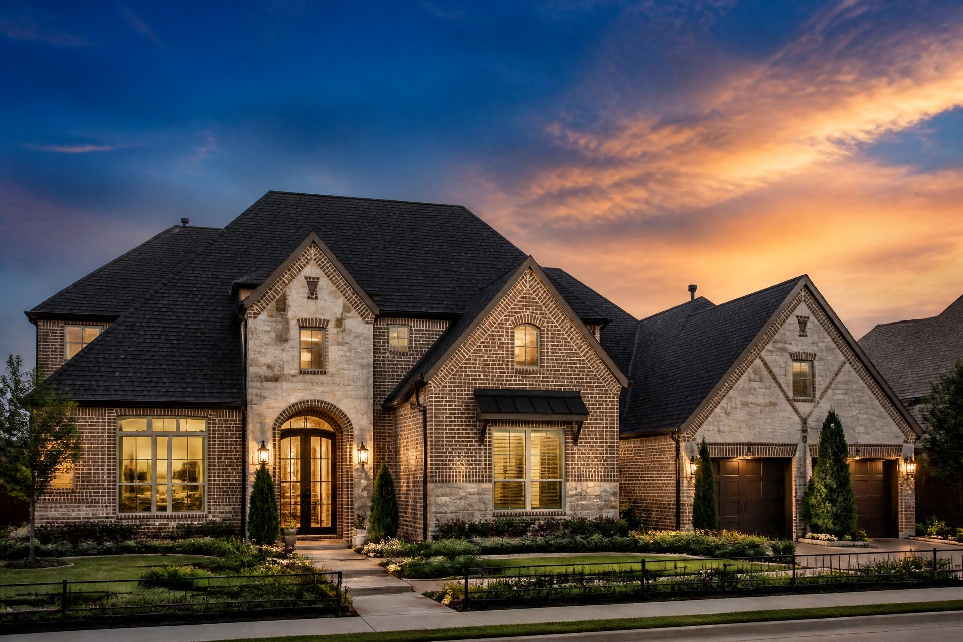 Dallas, Texas home with a newly installed architectural shingle roof at dusk