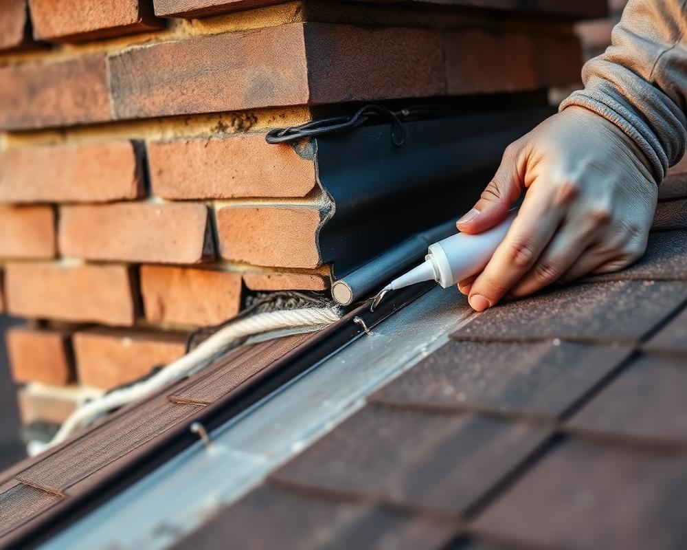 Roofer repairing chimney flashing on a Dallas area residential roof