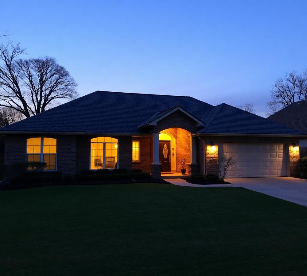Single-story Dallas home with a newly installed residential shingle roof at dusk